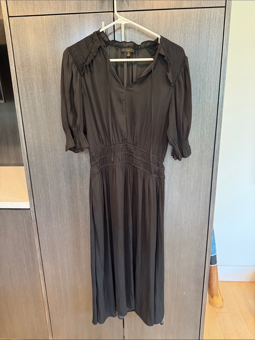 Current Air Black Midi Dress with Smocked Waist and Puff Sleeves Evereve